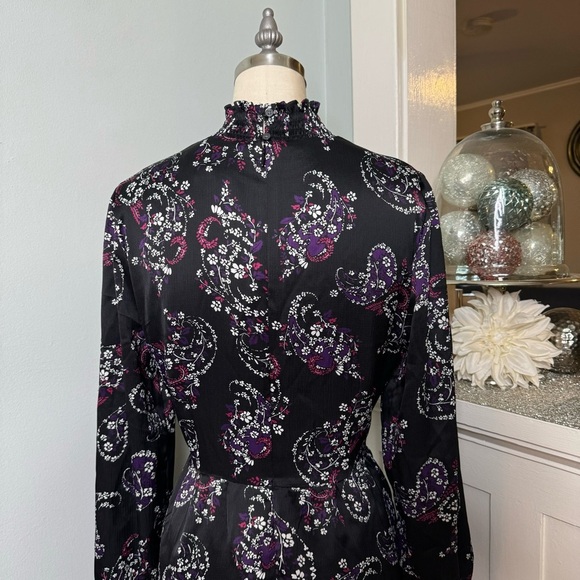 LOFT Paisley Smocked Flared Long Sleeve Floral Dress Black Purple White Pink 8 - Picture 10 of 14